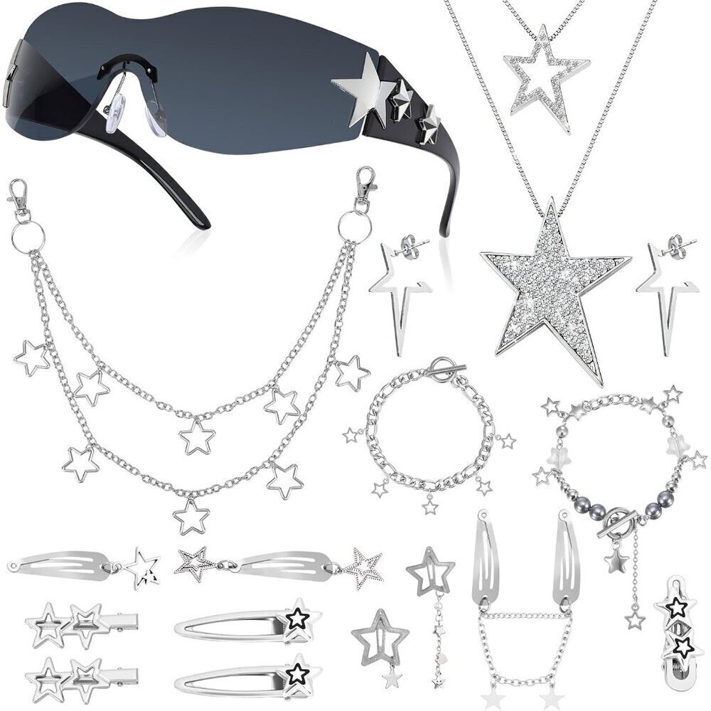 16 Pcs Y2K Jewelry Set with Layered Necklace Star Bracelets Sunglasses